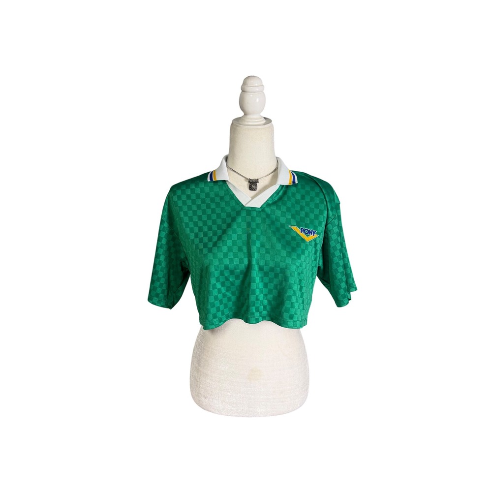 Forever 21 x PONY Cropped‎ Soccer Jersey Polo Top Green Checkered Sporty Y2K